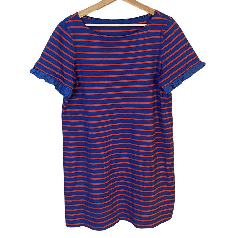 Tory Burch Blue & Orange Ruffle Sleeve Striped Coastal Dress SZ MED Casual EUC